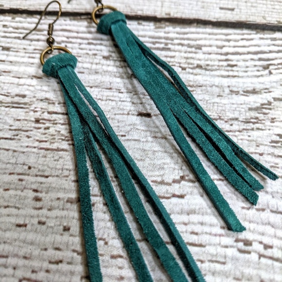 Artisan Turquoise Leather fringed earrings - Picture 2 of 3